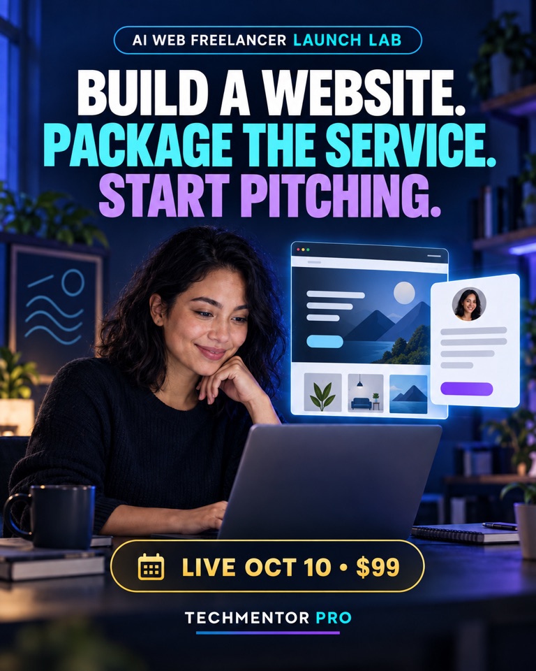 A learner at a laptop beside a website preview and freelance profile card