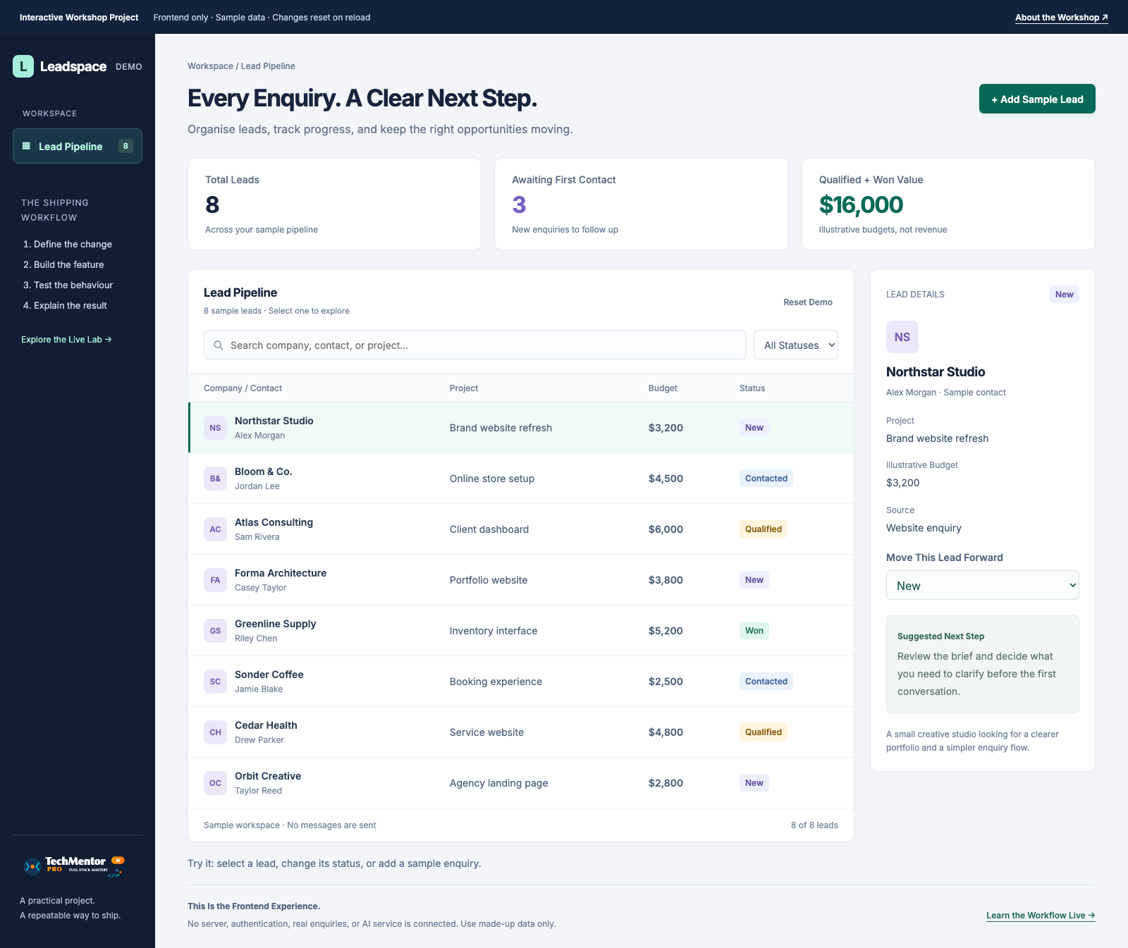 Actual Leadspace demo showing sample leads, pipeline metrics, search, status filters, and a lead details panel