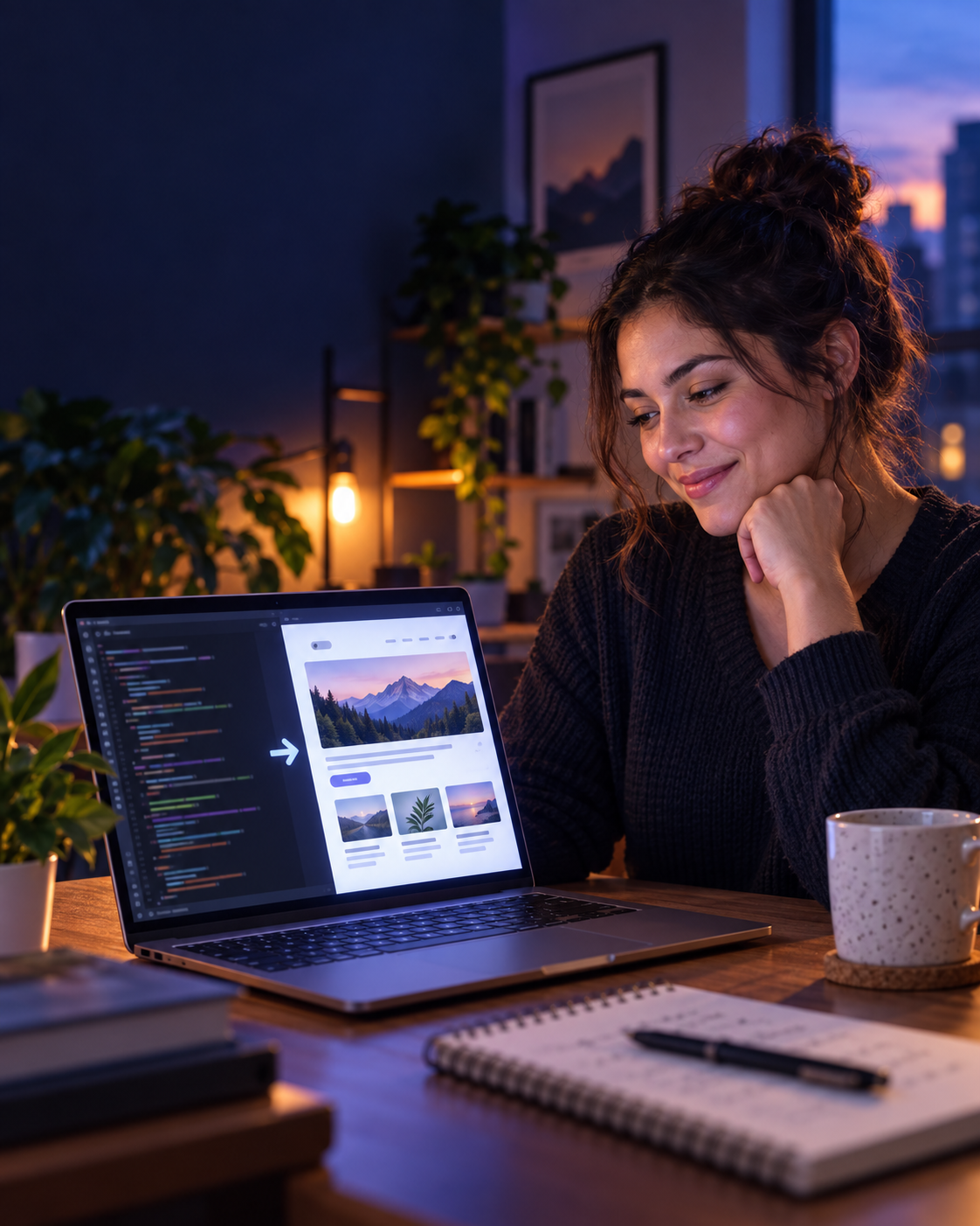 A learner viewing JavaScript code beside the webpage it produces