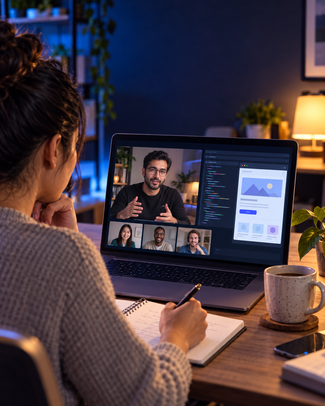A learner following a live coding instructor and small online group